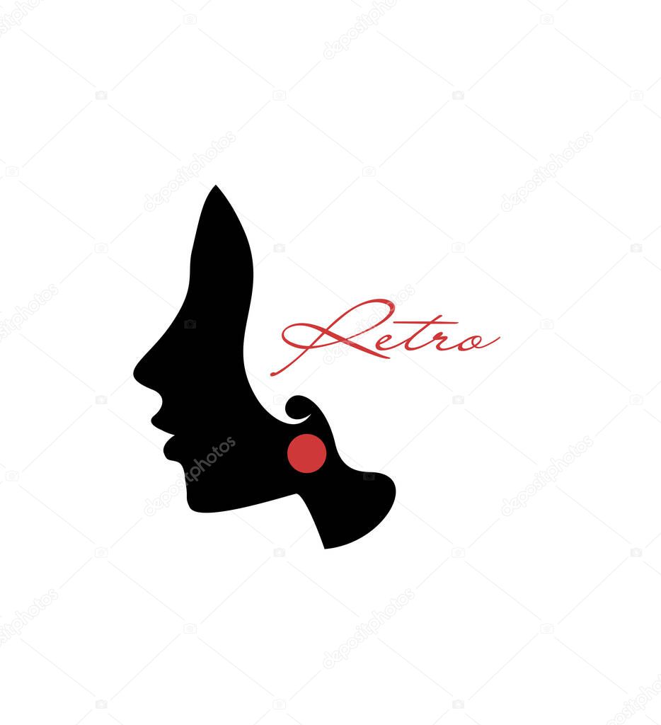 Retro logo concept, layered woman profile in red earring on the white background, retro fashion idea,