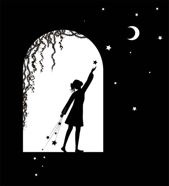 Girl silhouette puts stars and moon — Stock Vector