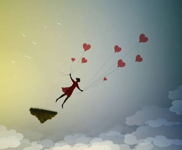 Verlieben Konzept, Junge Silhouette hält die roten herzförmigen Ballons und fliegen weg, Träumer Konzept, Schattengeschichte — Stockvektor