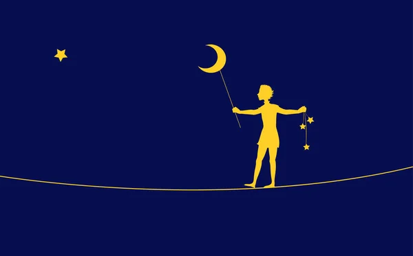 Peter Pan silhouette, boy going on the rope and holding moon and stars, on the heavens, dream, — Stock Vector