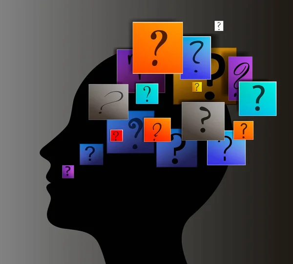 Pensare a molte domande, concetto di sconosciuto, segni di domanda nella testa umana, preoccupazioni umane idea moderna , — Vettoriale Stock