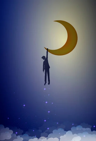 Garçon ombre ou silhouette tient la lune, homme accroché à la lune, concept de vie dans les rêves, concept d'histoire de rêve , — Image vectorielle