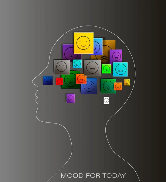 情绪概念，数字情绪概念，不同的人脸图标创造出一个人的大脑，为今天的情绪, — 图库矢量图片