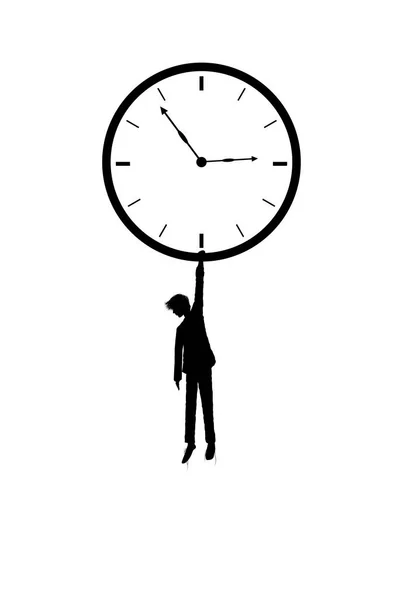 Halten Sie Ihre Zeit, Junge Silhouette hält die Uhr auf dem weißen Hintergrund, träumende Zeit, Schattengeschichte — Stockvektor