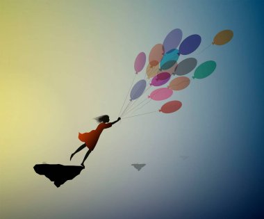 rüya kavramı, kız silueti hava balonunda uçuyor ve gökyüzüne uçuyor, hayalperest, hayal alemine uçuyor,