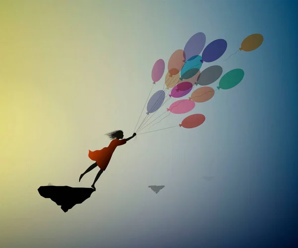Conceito de sonho, silhueta menina voando no balão de ar e voando até o céu, sonhador, voo para a terra dos sonhos , — Vetor de Stock