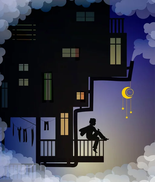 Sonhando menino está sentado na varanda acima das nuvens, personagens de fadas, casa de crianças fantasia noite, vida na história do céu, sombras , — Vetor de Stock