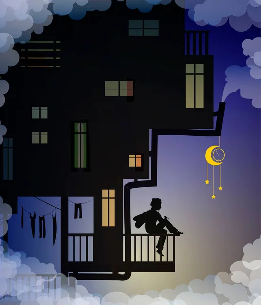 Hayalci çocuk bulutların üstündeki balkonda oturuyor, peri karakterleri, çocukların evi gece fantazisi, cennetteki hayat, gölgeler,
