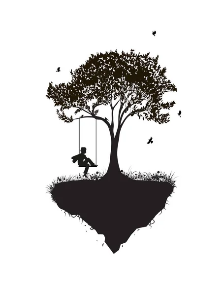 Childhood memories, piece of childhood, boy on swing, park fantasy scene in black and white, tree on flying rock, — Stock Vector
