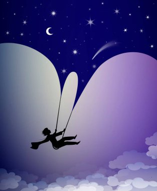Çocukluk gecesi rüyası gece yarısı, salıncakta sallanan çocuk silueti, karanlık bir hikaye.,