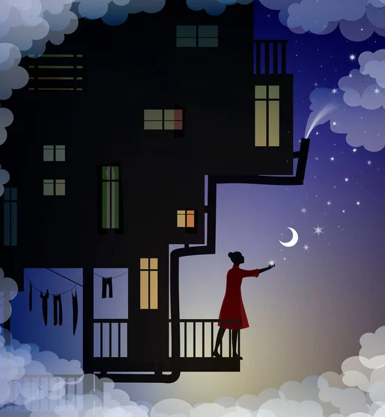 Vida en los cielos, poner la luna en el cielo nocturno, casa en el cielo con la muchacha poniendo la luna y las estrellas por encima de las nubes, personajes de hadas , — Vector de stock