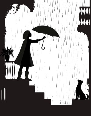 Rain walk with dog dog, Girl on the balcony holding the umbrella above the dog, my friend dog, black and white, shadow, clipart