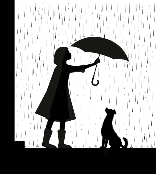 Rain walk with dog, girl holding the umbrella above the dog, my friend dog, black and white, shadow, — Stock Vector