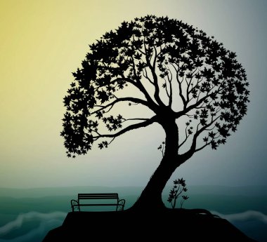 Ağacın altındaki boş bankta deniz fırtınası dalgaları, deniz fırtınası manzarası güneş ışınları, gölgeler anılar, deniz tatlı rüyalar.,