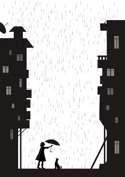 Rain walk with dog in empty city, girl holding the umbrella above the dog, my friend dog, black and white, shadow, Stock Illustration