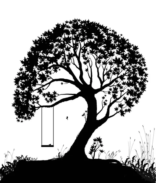 Gunga på träd, barndomsminnen på sommardagen, barndomsbit, svart och vitt, — Stock vektor