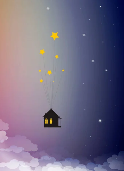 Dulce casa sueños concepto, casa colgando de la estrella en el cielo, tiempo soñando , — Vector de stock