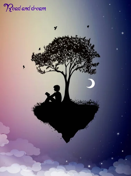 Διαβάστε και ονειρευτείτε έννοια, κομμάτι της παιδικής ηλικίας στον ουρανό νεράιδα, αγόρι σιλουέτα διαβάσει το βιβλίο κάτω από το δέντρο και το όνειρο, — Διανυσματικό Αρχείο