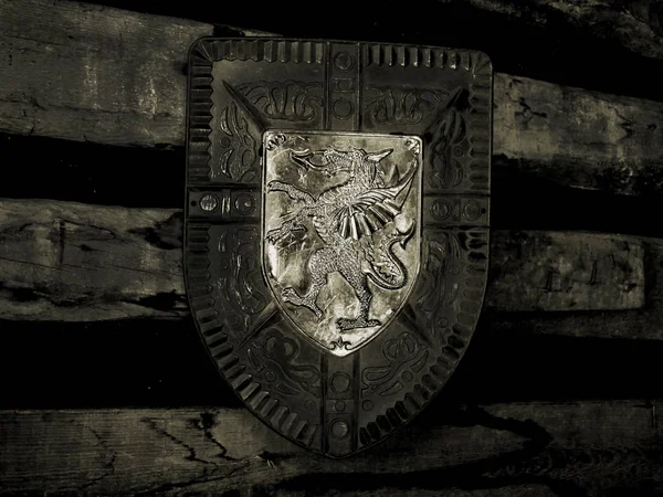 Knight shield on wall. Black and white Royalty Free Stock Photos