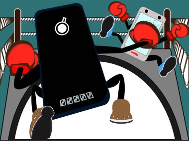 Smartphone mücadele bir boksör eşleşme olarak savaş ya da cep telefonu. Rekabet ve cep telefonu piyasasında karşılaştırılması. Afiş ile aygıt eldiven karikatür tarzı içinde. Becerikli bir teknoloji lideri olmak yumruk