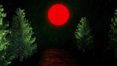 Yağmurlu ve karlı hava ile gece ormanının sinematik manzarası. Yeşil renk. Ağaçların arasından kanlı kırmızı aya doğru ilerliyoruz. Başlık veya logo için döngülü arkaplan canlandırması