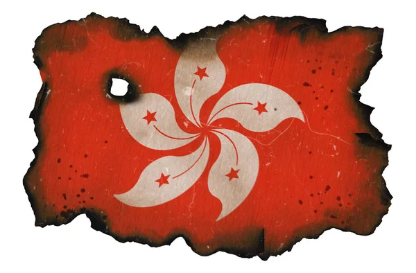 Burned flag of Hong Kong on white isolated background. Concept o — Stock Photo, Image