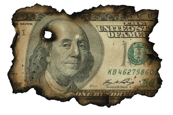 在孤立的白色背景下焚烧的美元现钞碎片 — 图库照片