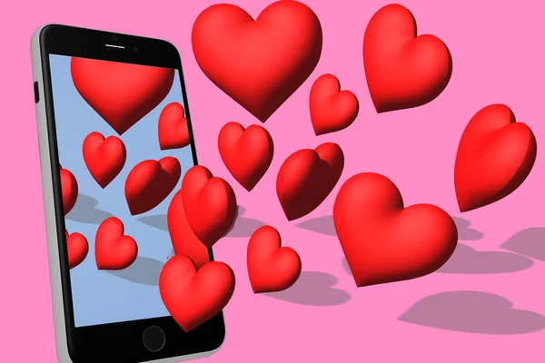 Red hearts fly out of phone screen. Concept for Valentines day o