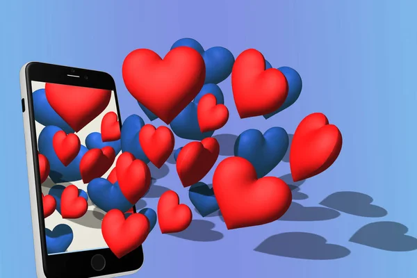 Red and blue hearts fly out of phone screen. Concept for Valenti