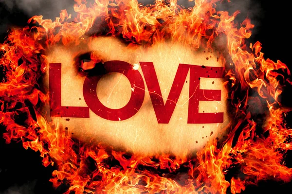 Ateşli arka planda yanan aşk kelimesi. Parçalanmış lo kavramı