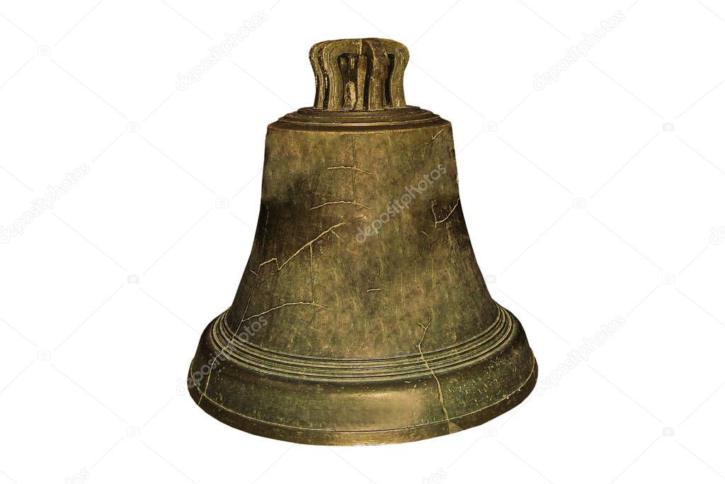 Big bell on white isolated background. Olr cracked yellow metal 