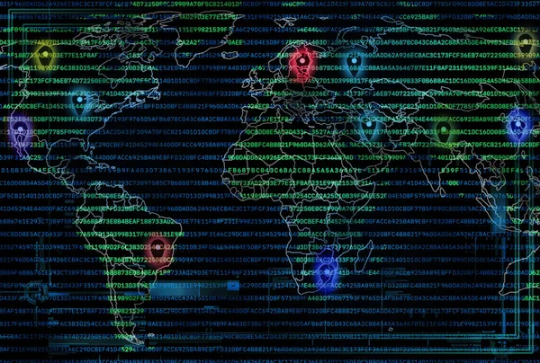 Wereldkaart met geo pinnen en computercode overlay. Navigatie — Stockfoto