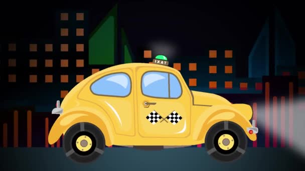夜間の都市景観の背景にタクシー車のアニメーション 通りでレトロな黄色の自動車運転 Hdビデオで高速移動バウンス自動と時間は友好的なリマッピング — ストック動画