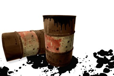Beyaz izole edilmiş arka planda siyah sıvı yağ damlası gibi metalik rustik variller. Ham petrol pazarı veya ekoloji ve kimyasal sanayi konsept tasarım elementleri