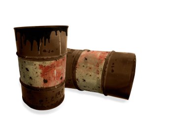 Beyaz izole edilmiş arka planda siyah sıvı yağ damlası gibi metalik rustik variller. Ham petrol pazarı veya ekoloji ve kimyasal sanayi konsept tasarım elementleri