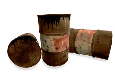 Beyaz izole edilmiş arka planda siyah sıvı yağ damlası gibi metalik rustik variller. Ham petrol pazarı veya ekoloji ve kimyasal sanayi konsept tasarım elementleri