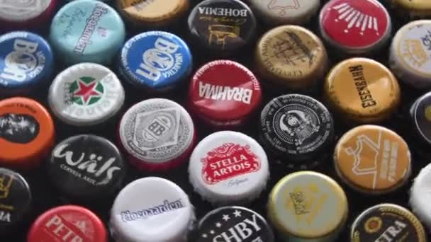 Rio Janeiro Brazil December 2019 Pattern Beer Bottle Caps Various — Stock Video