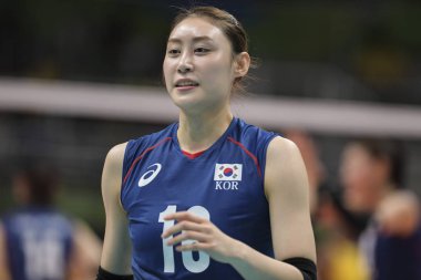 Rio, Brezilya - Ağustos 06, 2016: Brezilya (Kor) voleybol maçında You Na Bae (Kor) - Kore (Kor) - Maracanazinho Olimpiyatları 'nda grup aşamasında