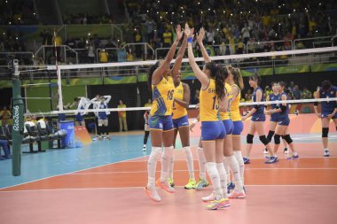 Rio, Brezilya - Ağustos 06, 2016: Brezilya (Bra) - Kore (Kor) voleybol maçında Brezilya - Rio 2016 Olimpiyatları 'nda grup aşamasında Brezilya - Brezilya