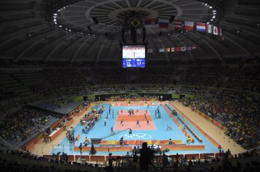 Rio, Brezilya - Ağustos 06, 2016: Rio 2016 Olimpiyatları 'nda Brezilya (Bra) ile Kore (Kor) voleybol maçında grup aşamasında mahkeme