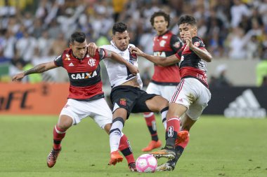 Rio, Brazil - october 28, 2017: Andre Rios, Trauco and Lucas Paqueta  player in match between Flamengo and  Vasco by the Brazilian championship in Maracana Stadium