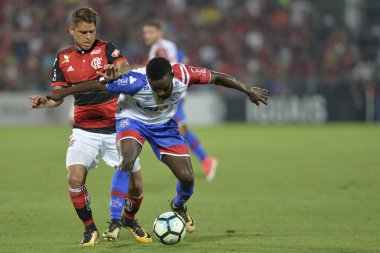 Rio, Brazil - october 19, 2017: Mendoza and Cuellar player in match between Flamengo and Bahia by the Brazilian championship in Ilha do Urubu Stadium