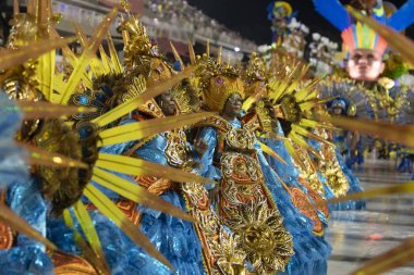 Rio, Brazil - February 21, 2020: parade of the samba school Vigario Geral, at the Marques de Sapucai Sambodromo