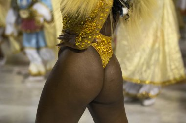 Rio, Brazil - February 21, 2020: parade of the samba school Vigario Geral, at the Marques de Sapucai Sambodromo