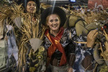 Rio, Brazil - February 21, 2020: parade of the samba school Academicos da Rocinha, at the Marques de Sapucai Sambodromo