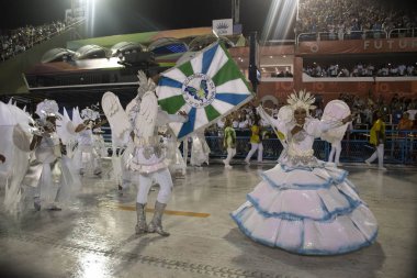 Rio, Brazil - February 21, 2020: parade of the samba school Academicos da Rocinha, at the Marques de Sapucai Sambodromo