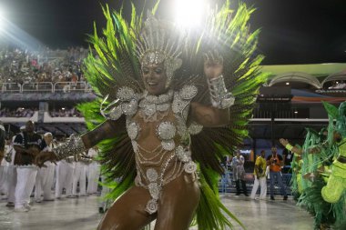 Rio, Brazil - February 21, 2020: parade of the samba school Academicos da Rocinha, at the Marques de Sapucai Sambodromo