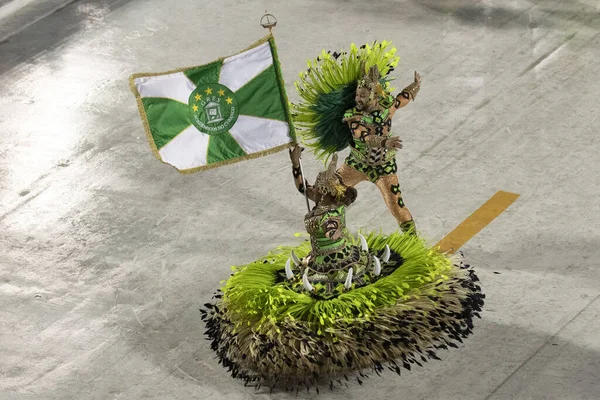 Rio, Brazil - February 21, 2020: parade of the samba school Academicos do Cubango, at the Marques de Sapucai Sambodromo. 1st Master of Ceremonies and Flag Bearer Couple Patricia Falcao e Diogo Falcao