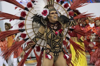 Rio, Brazil - February 23, 2020: parade of the samba school Estacio de Sa, at the Marques de Sapucai Sambodromo. Queen of percussion Jack Mai