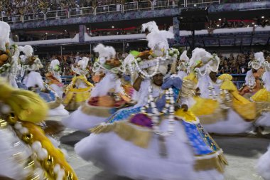Rio, Brazil - February 23, 2020: parade of the samba school Grande Rio, at the Marques de Sapucai Sambodromo. Motion, slow speed